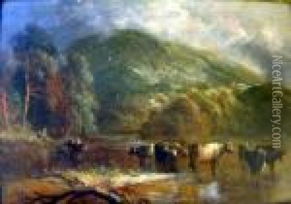 Cattle Watering In A Mountain Lake Oil Painting - Thomas Whittle
