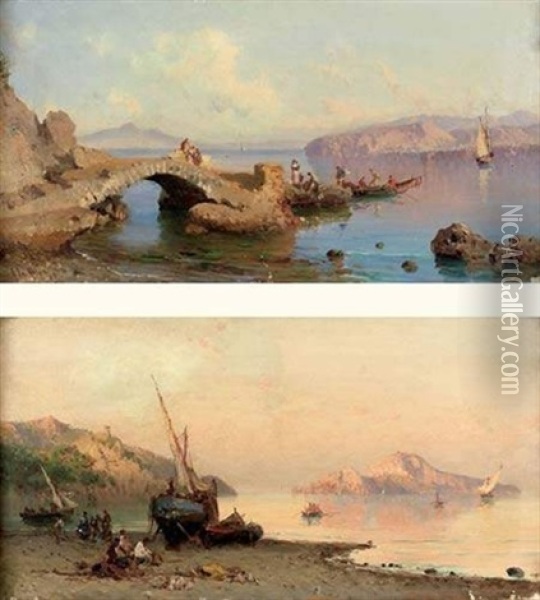 Petit Pont Sur L'eau (+ Pecheurs Sur La Greve; 2 Works) Oil Painting - Alessandro la Volpe