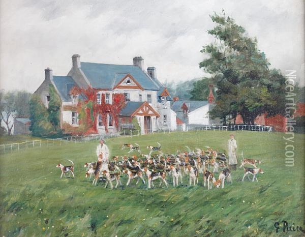 Hounds And Attendant Figures Before A Country House Oil Painting - George Paice