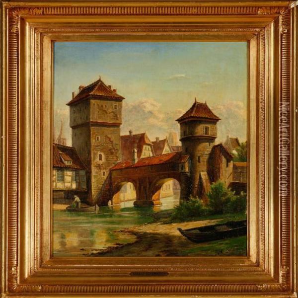 Overlooking The Hangman Bridge In Nuremberg Oil Painting - Harald Peter W. Schumacher