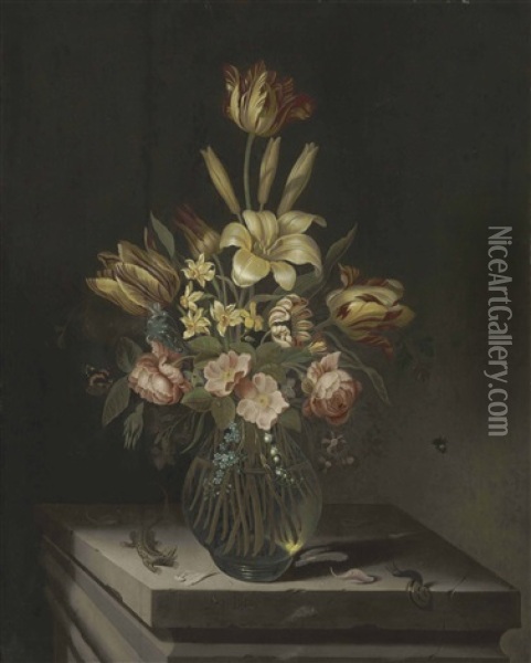 Tulips, Lilies, Anemones, Roses, A Lily Of The Valley And Other Flowers In A Glass Vase On A Stone Plinth With A Butterfly, A Bee, A Lizard And A Snail Oil Painting - Jan Baptist Fornenburgh