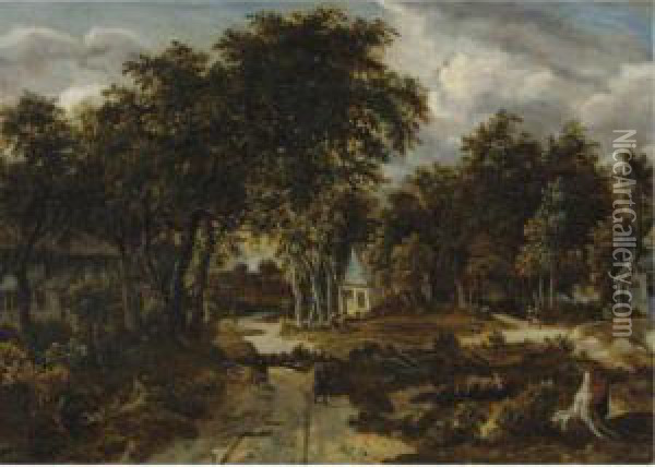 Village Landscape Oil Painting - Meindert Hobbema