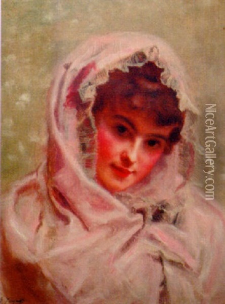Portrait Of A Young Beauty In A Pink Shawl Oil Painting - Gustave Jean Jacquet