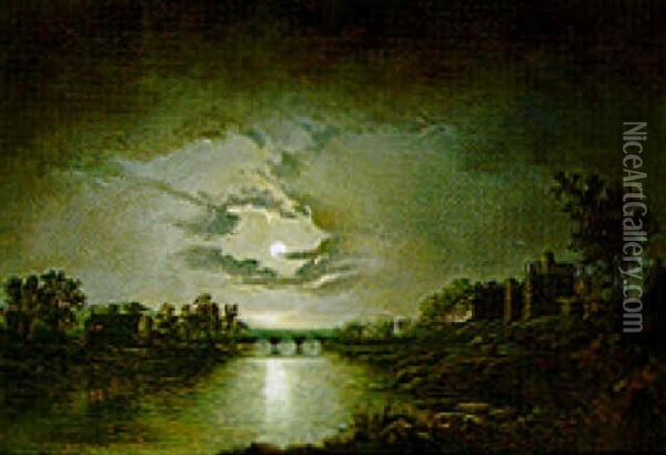 Chepstow Castle By Moonlight Oil Painting - Henry Pether