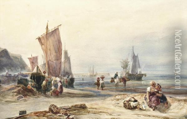 Fishermen Unloading The Catch At Low Tide Oil Painting - Samuel Austin