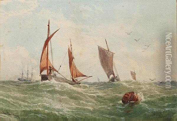Sailing Vessels In Open Waters; And Another Similar Oil Painting - John Faulkner