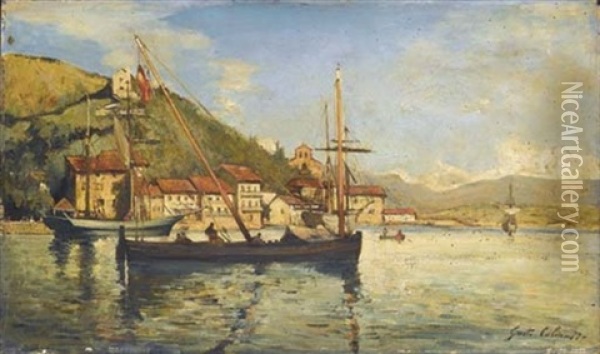 Vue Du Port De Pasajes De San Juan En Espagne Oil Painting - Gustave Henri Colin