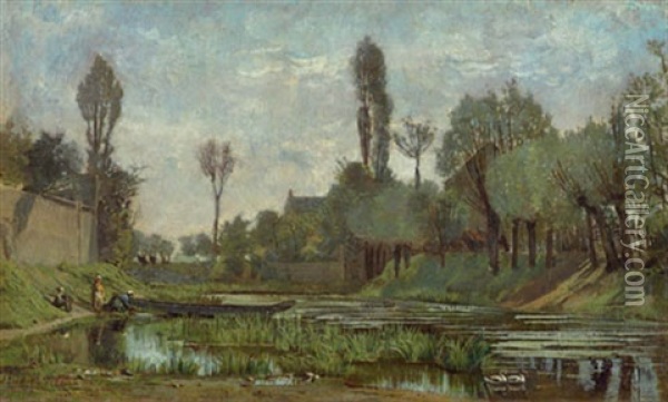 Flusslandschaft Mit Wascherin Oil Painting - Louis-Leonard Tixier