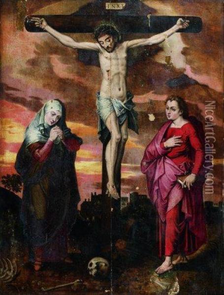 Le Christ En Croix Entre La Vierge Marie Et Saint Jean L'evangeliste Oil Painting - Michiel Van Coxcie
