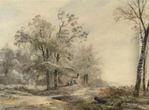 A Wooded Landscape With Travellers Resting (recto); And A Study Oftwo Figures (verso) Oil Painting - Wijnandus Johannes Josephus Nuijen