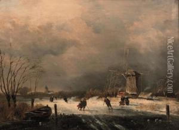 Numerous Figures On A Frozen Waterway Oil Painting - Charles Henri Leickert