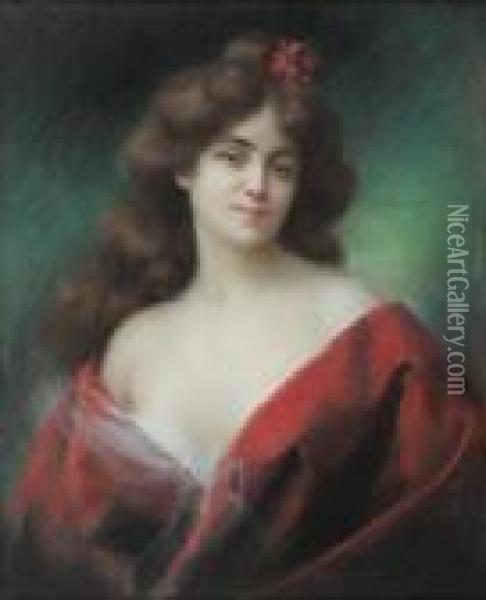 Portrait De Femme A La Robe Rouge Oil Painting - Delphin Enjolras