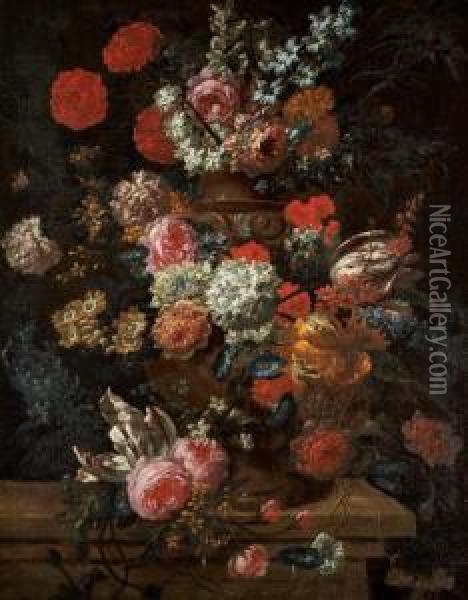 Still Life With Tulips, Roses, Carnations And Other Flowers Inan Urn Oil Painting - Jan-baptist Bosschaert
