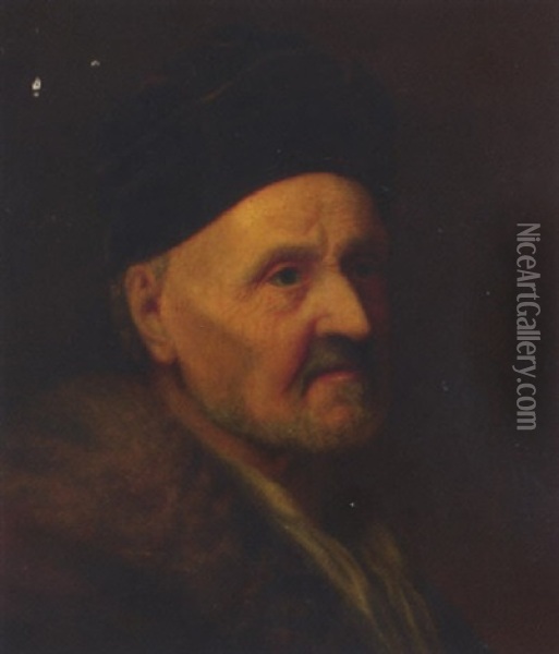 An Old Man In A Felt Hat And Fur-lined Coat Oil Painting - Balthazar Denner