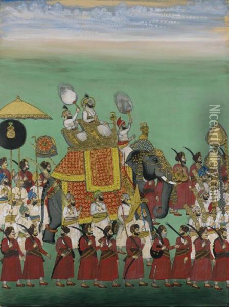 Riding In An Elephant Procession, Mewar, Rajasthan, India Oil Painting - Maharana Sangram Singh Ii