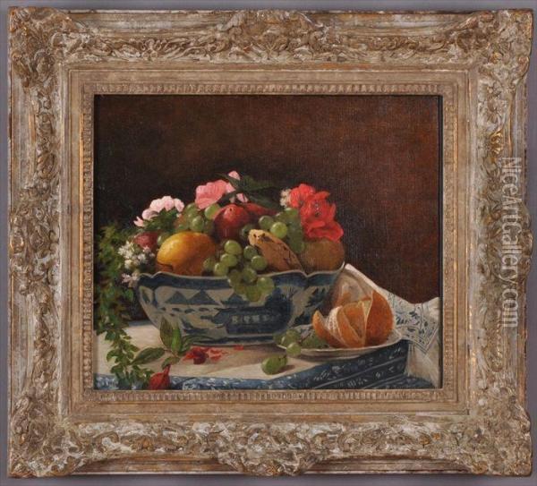 Still Life With Fruit And Flowers And Blue And White Table Decor Oil Painting - Francois Bonvin