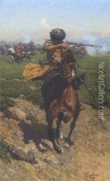 Tscherkesse Mit Angelegtem Gewehr Zu Pferd Oil Painting - Franz Roubaud