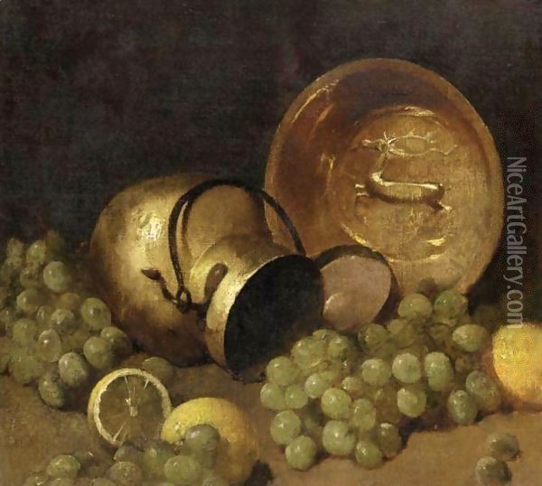 Copper Pots, Lemons And Grapes Oil Painting - Emil Carlsen