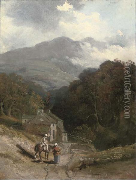 Figures Before A Cottage On A Hillside Oil Painting - Patrick, Peter Nasmyth