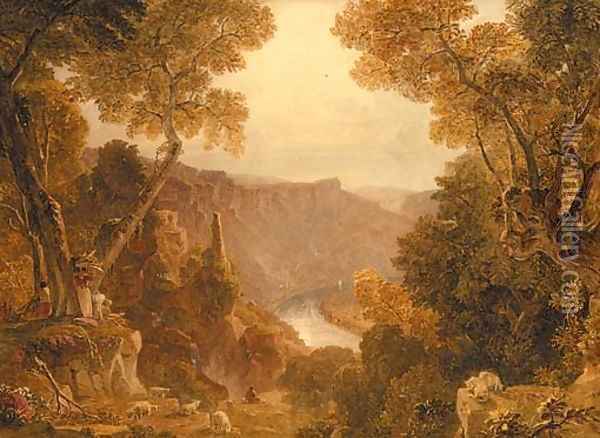 Figures gathering wood in a mountainous landscape Oil Painting - Joshua Cristall