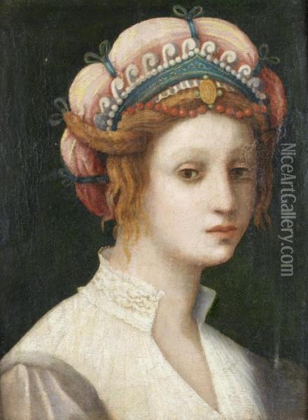 Portrait Of A Lady, Bust-length, In Classical Costume Oil Painting - Domenico Puligo