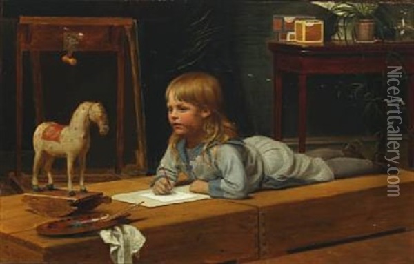 A Young Artist In Sailor Suit Is Painting His Rocking Horse Oil Painting - Wilhelm Pacht