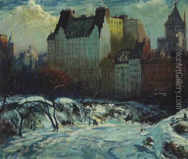A View Of The Plaza From Central Park Oil Painting - Arthur Clifton Goodwin