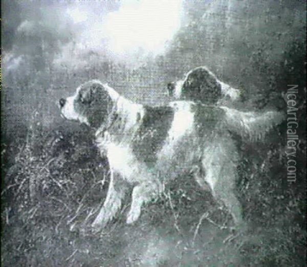 Two Spaniels In A Landscape Oil Painting - George Armfield