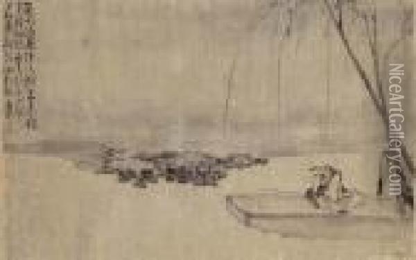 Fishing Under The Willow Trees Oil Painting - Huang Shen