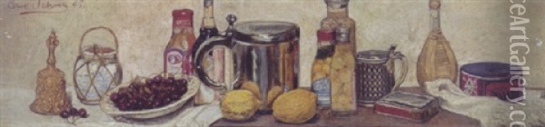 Dorstykke: Opstilling Med Lagkrus, Flasker, Citroner Og Kirsebaer Pa Et Bord Oil Painting - Karl Holger Jacob Schou