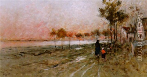 Landskap Med Promenerande - Aftonrodnad Oil Painting - Wilhelm von Gegerfelt
