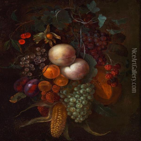 Still Life With Peaches, 
Abricots, Grapes, Plums, Melon, Raspberry, Blueberry, Cherry And A Corn 
Cob Oil Painting - Cornelis De Heem