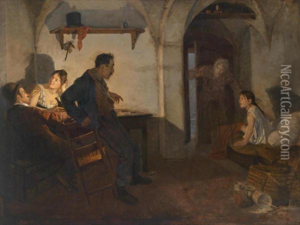 Rural Interior Scene Oil Painting - Adolf Karpellus