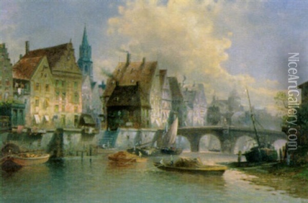 Die Stadt Am Fluss Oil Painting - Albert Rieger