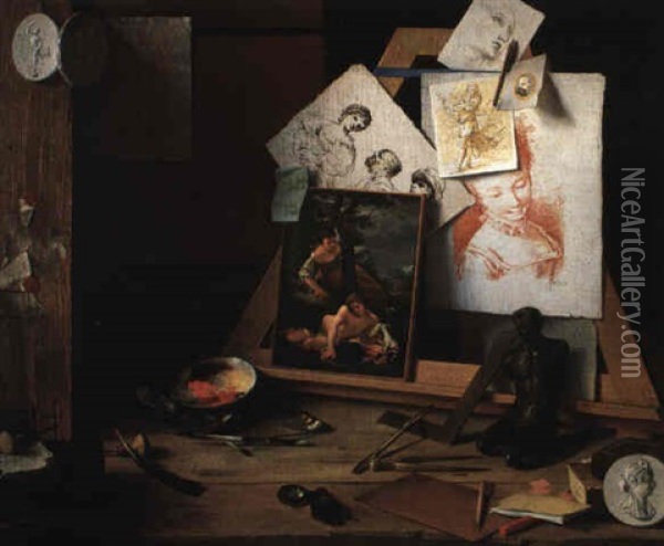 Trompe L'oeil Still Life Of Artist's Tools, Prints, Sculpture And Other Effects Oil Painting - Antonio Cioci