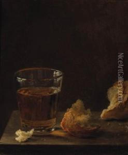 A Glass Of Beer And A Bread Roll On A Table; And A Glass Of Wine With Walnuts On A Table Oil Painting - Balthasar Denner