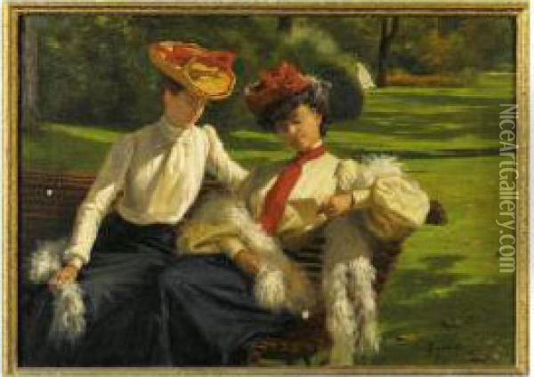 Deux Jeunes Femmes Lisant Une Lettre Sur Un Banc Oil Painting - Fortunato Duranti