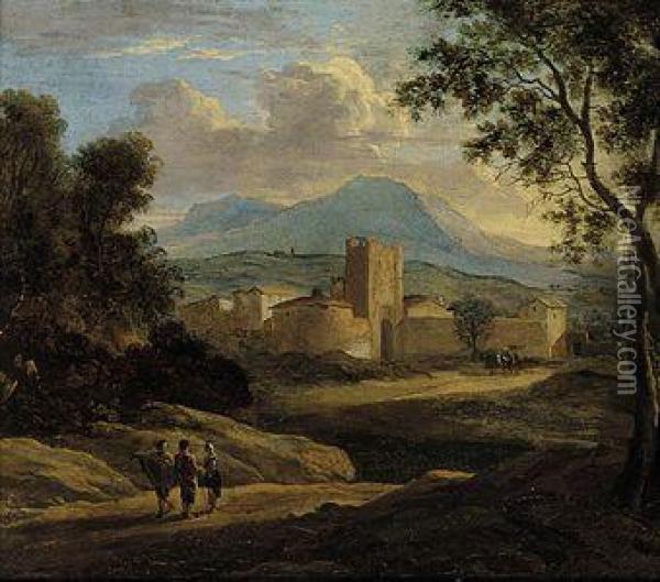 A Classical Italianate River Landscape With Figures Conversing On Atrack Oil Painting - Jan Frans Van Bloemen (Orizzonte)