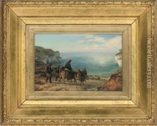 Fishermen On A Path Overlooking Flamboro' Head, Yorkshire Oil Painting - Joseph Walters