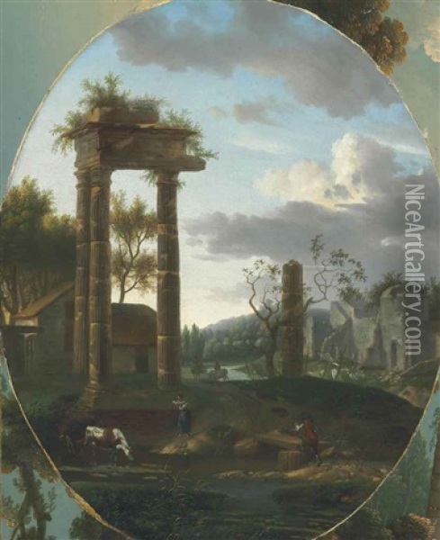 A Classical Landscape With Ruins And A Shepherd And Shepherdess In The Foreground Oil Painting - Alexandre Hyacinthe Dunouy
