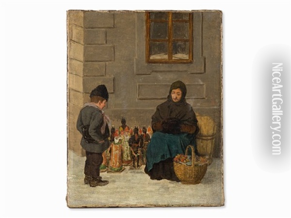 Woman Selling Krampus Oil Painting - Peter Fendi