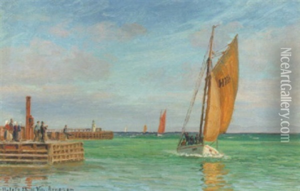 Parti Fra Gilleleje Med Fiskerbade Pa Vej Ind I Havnen Oil Painting - Vilhelm Karl Ferdinand Arnesen