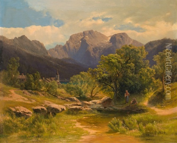 Blick Auf Den Traunsee Oil Painting - Leopold Heinrich Voescher