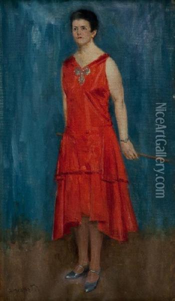 Signora In Abito Rosso Oil Painting - Antonio Maria Aspettati
