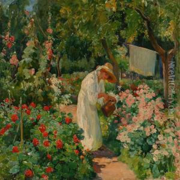 Garden With A Womanwatering The Flowers Oil Painting - Valeria Telkessy