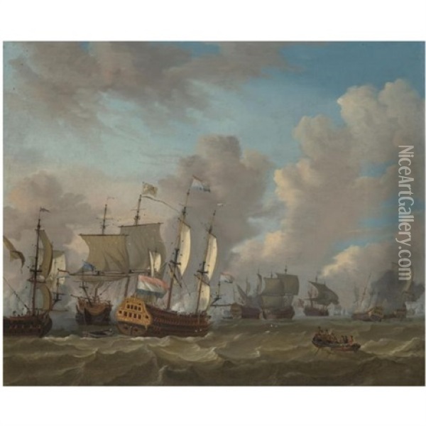 Dutch Ships In A Naval Skirmish Oil Painting - Johannes Storck