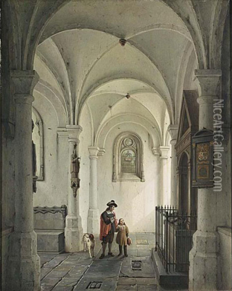Figures In A Church Oil Painting - George Harvey