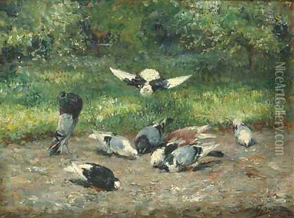 Pigeons Oil Painting - Eugene Joors