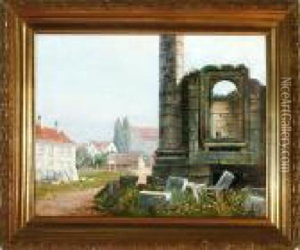 A Danish Street Scenery From Copenhagen With Ruins Of The Marble Cathedral Oil Painting - Olaf Viggo Peter Langer