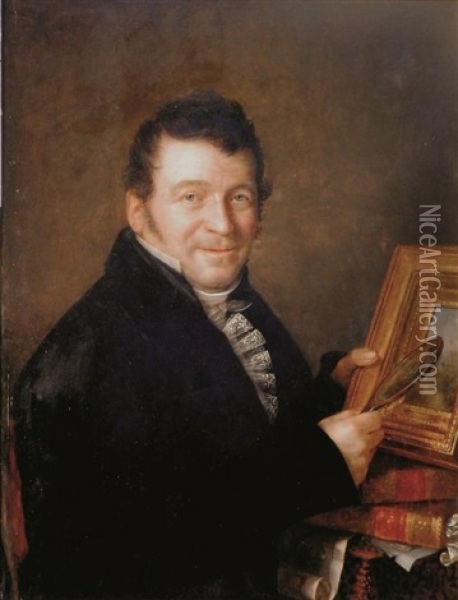 Portrait D'augustin Miron Examinant Un Petit Tableau A La Loupe Oil Painting - Jean-Baptiste Mutin